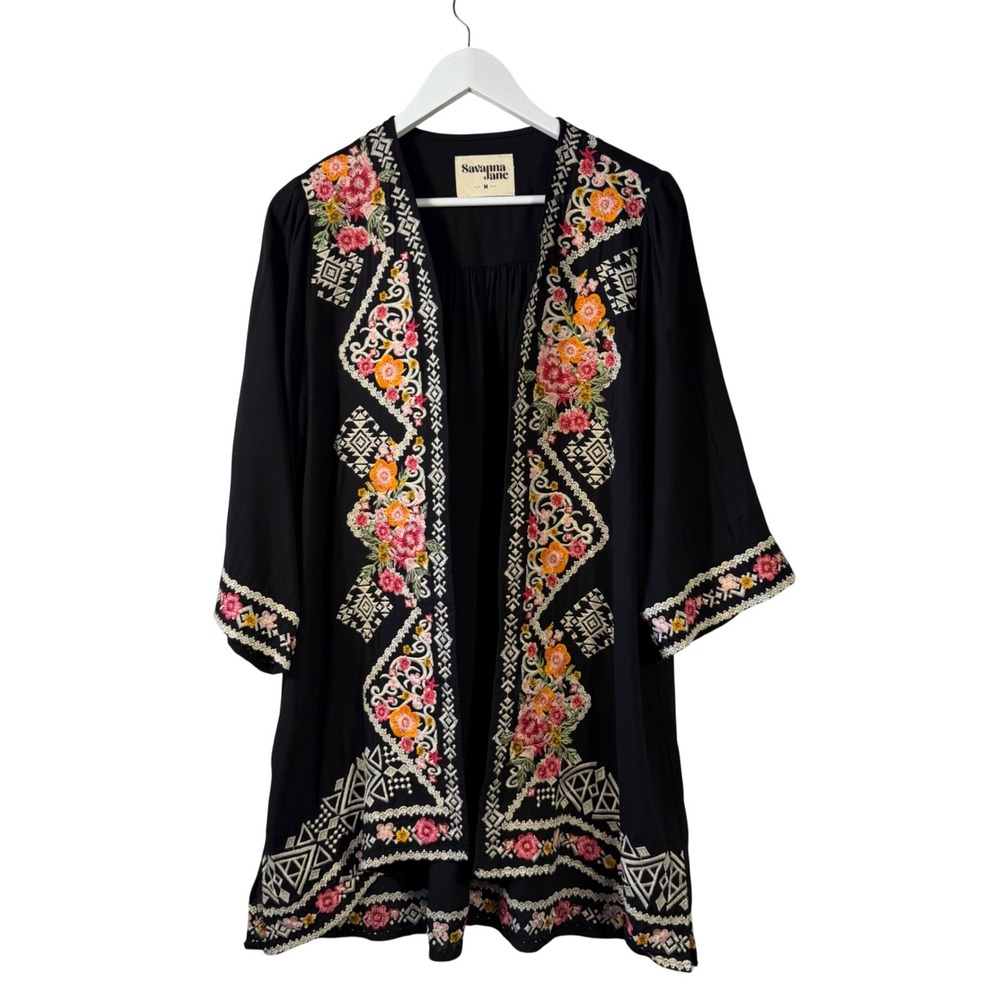 Savanna Jane Black Floral Geometric Embroidered Kimono Cardigan Boho T10185 M